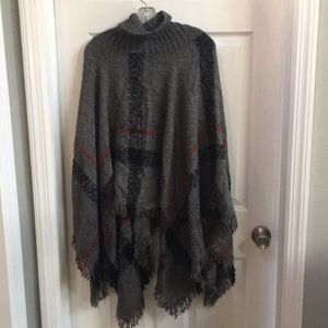 Gray Plaid Turtleneck Poncho